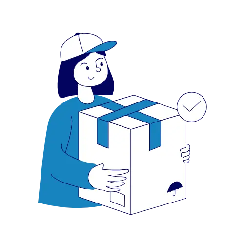 Person holding a large, taped box with fragile and time-sensitive symbols
